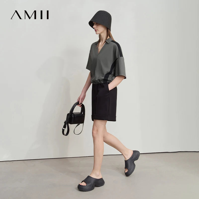 Amii Minimalist Cotton T-Shirts For Women 2026 Summer New V-Neck Pullover Loose Short Shoulder Sleeve Chic Commute Tops 12552001