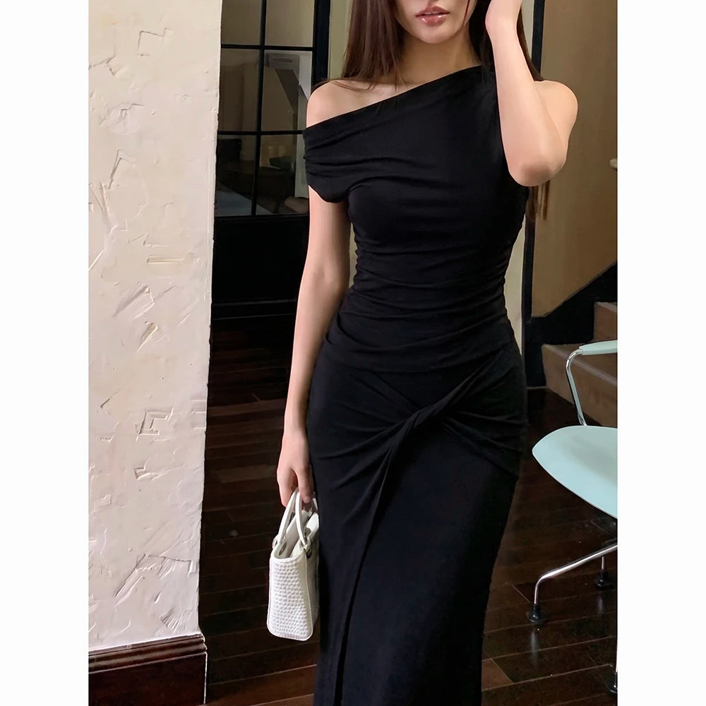 Summer 2026 Women's Fashion T-shirt Top Half Skirt Fish Tail Skirt Set Side Shoulder Design Knot Waist Slimming Effect