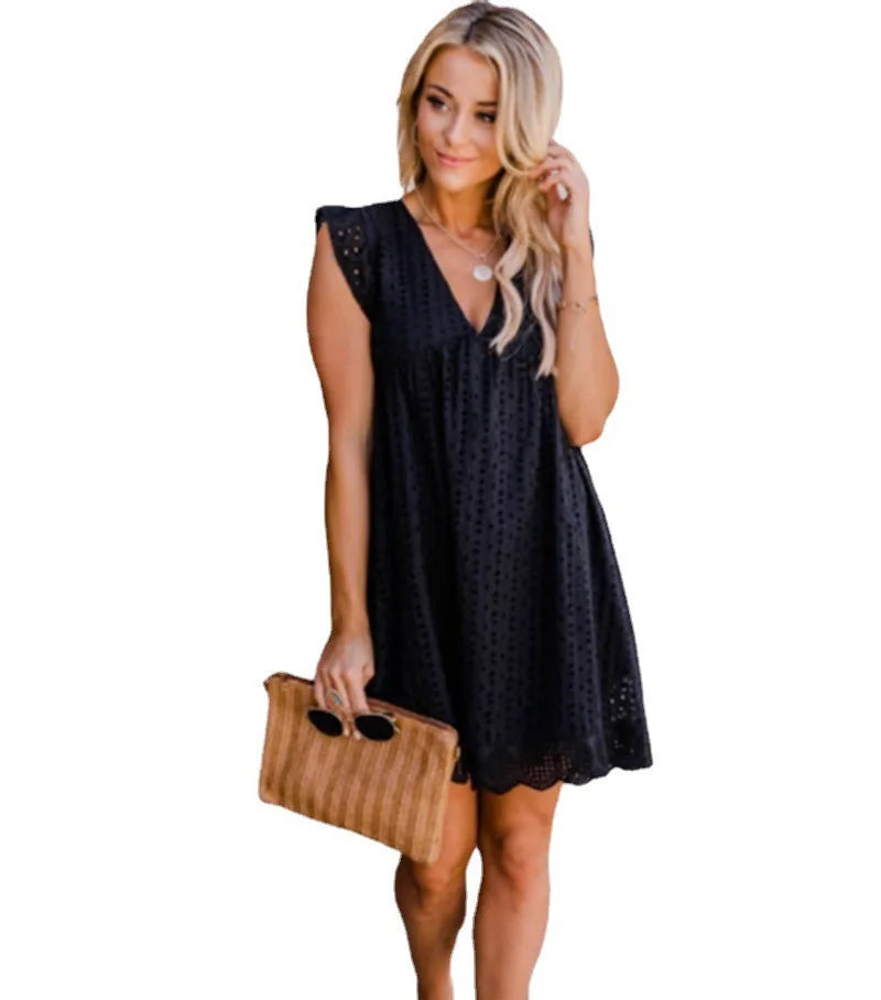 Elegant Lace Jacquard Hollow V-Neck Dress