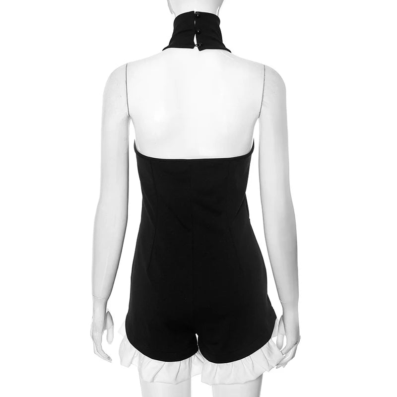 Contrast Ruffled Jumpsuit For Women Halter Sleeveless Slim Rompers Fashion Splice Casual High Waist Female Playsuits