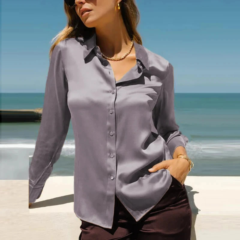 Elegant Satin Button-Up Silk Blouse