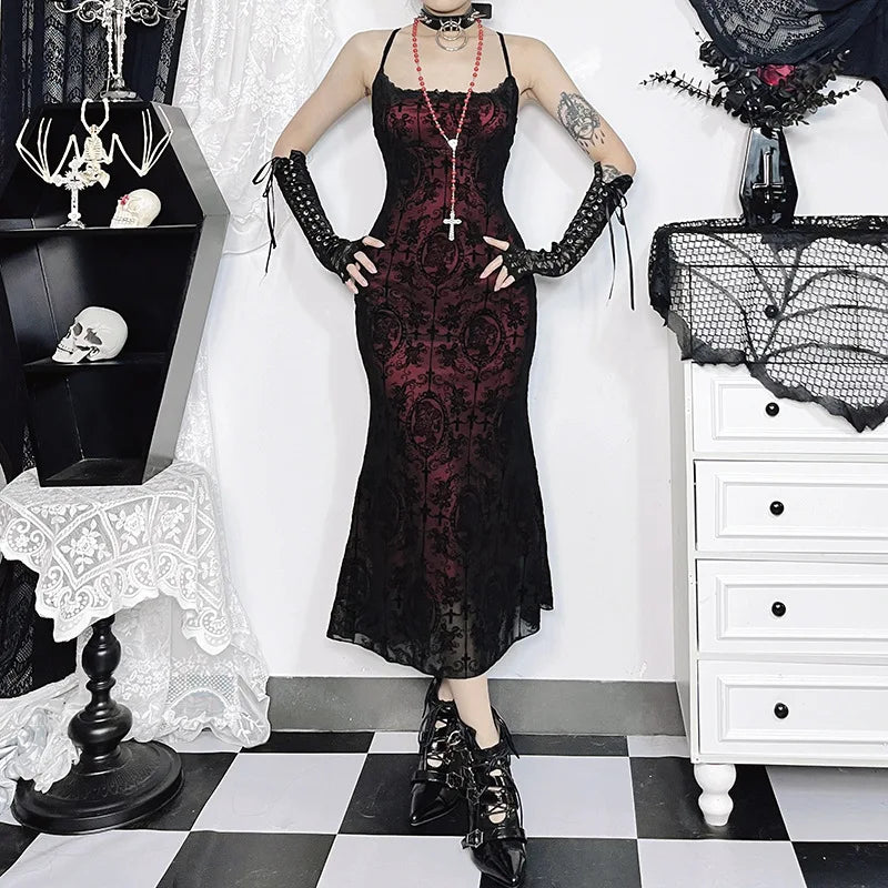 Gothic Sexy Long Fishtail Dress for Women Robe New Spaghetti Strap Sleeveless Backless Ruched
