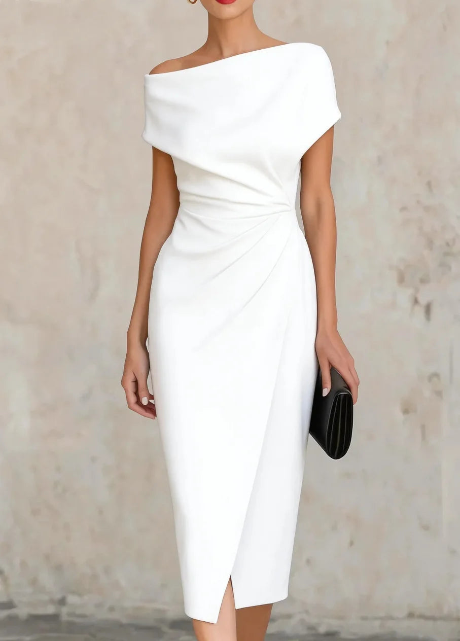 Elegant One-Shoulder Pleated Slit Dress