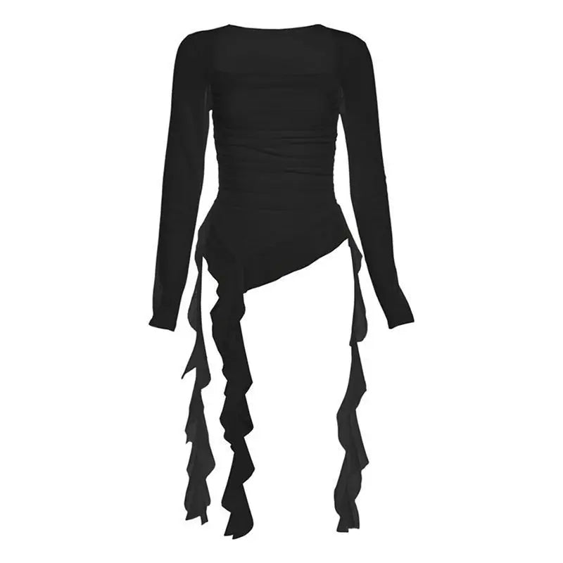Ruffle Long Sleeve Sexy T-Shirts Fashion Women Y2K Irregular Asymmetrical Korean Crop Tops Casual Sheer Mesh Autumn Chic Tees