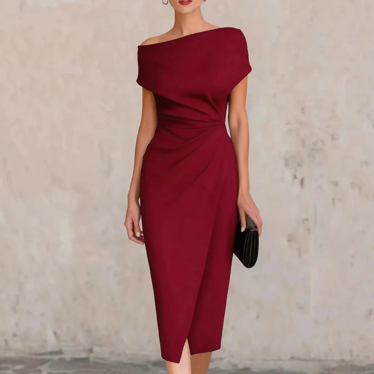 2026 Summer Women's New One-shoulder Waist Pleated Dress Banquet Commuting Slit Dress