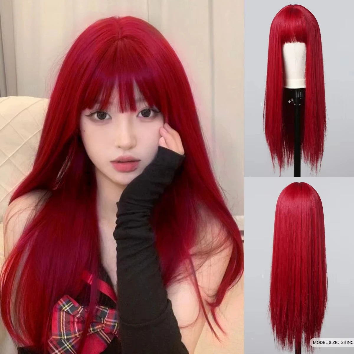 Pink long straight hair synthetic wig