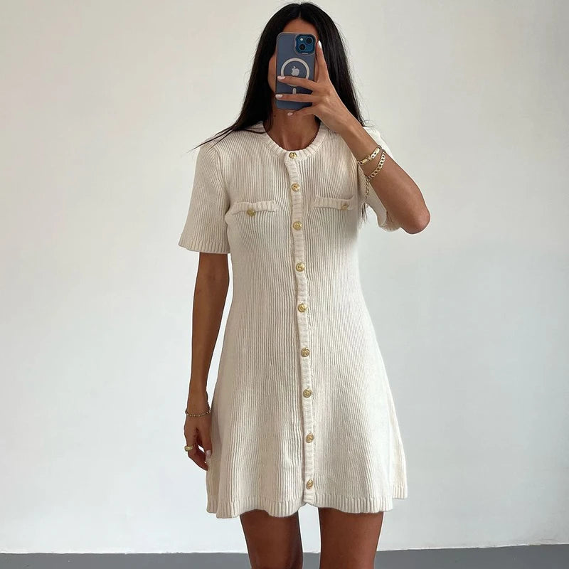 White Elegant Knitted Mini Dress For Women Metal Button Sexy Slim Rib Sweater Dress Holiday Party Outfits Autumn 2026 New