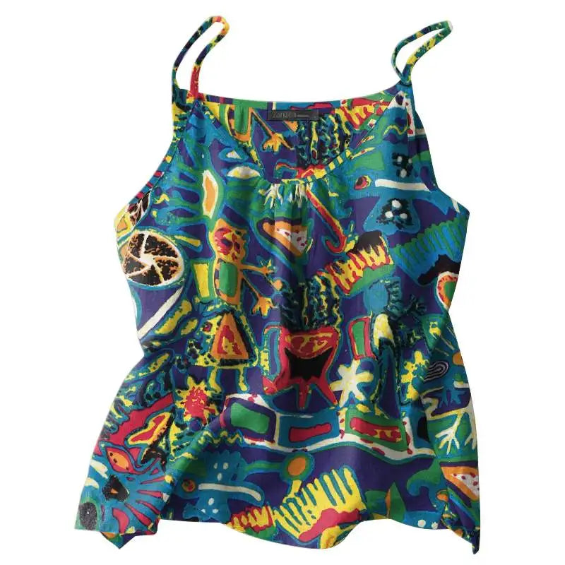 Bohemian Tanks Tops ZANZEA Summer Floral Camis Women Vintage Holiday Beach Blouse Casual Spaghetti Strap Tees Loose Blusas Mujer