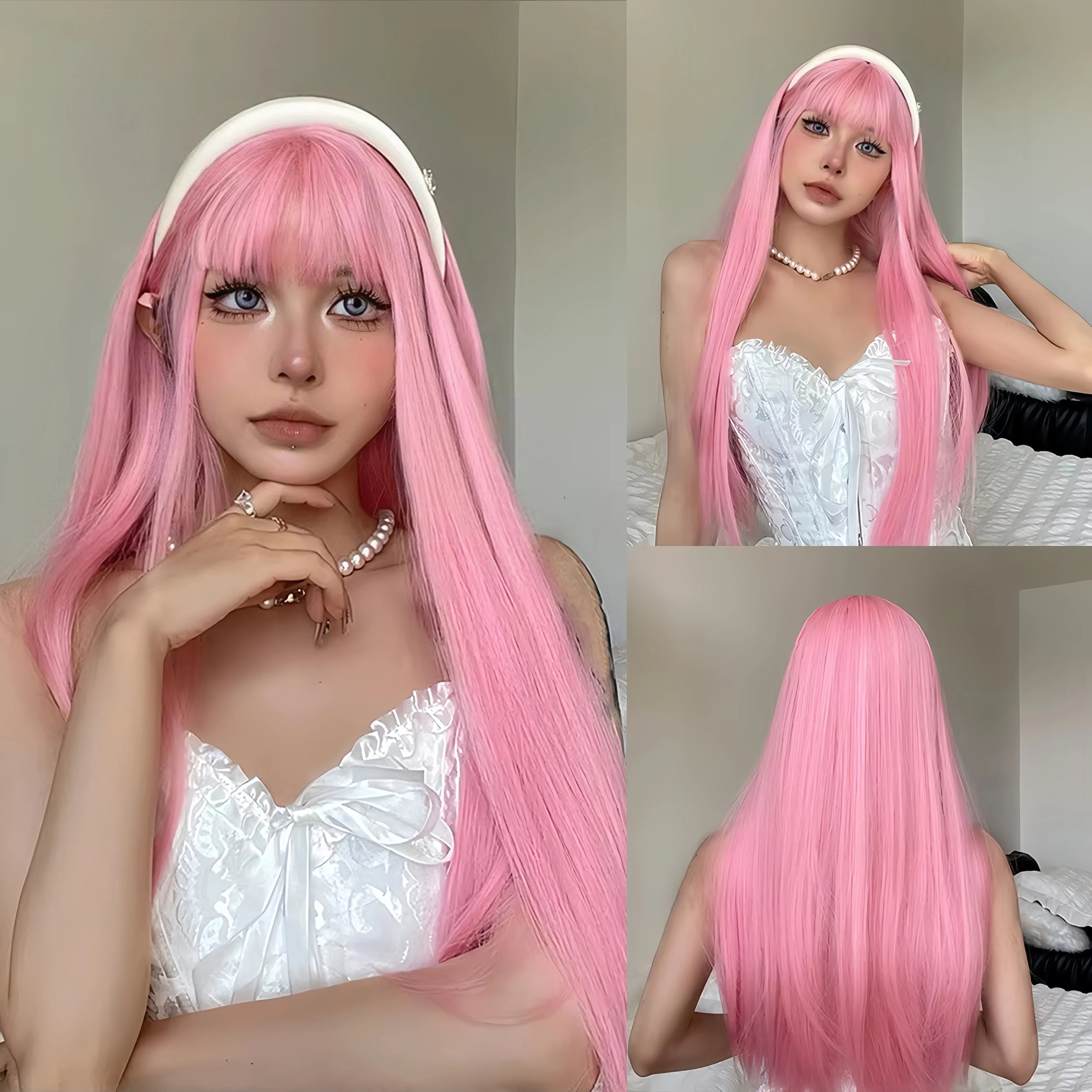 Pink long straight hair synthetic wig