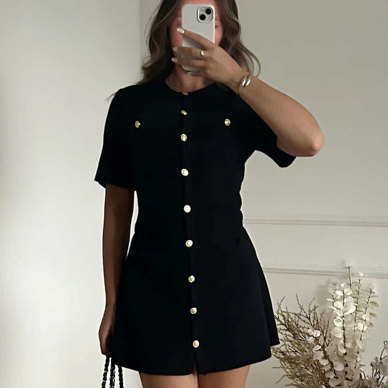 White Elegant Knitted Mini Dress For Women Metal Button Sexy Slim Rib Sweater Dress Holiday Party Outfits Autumn 2026 New