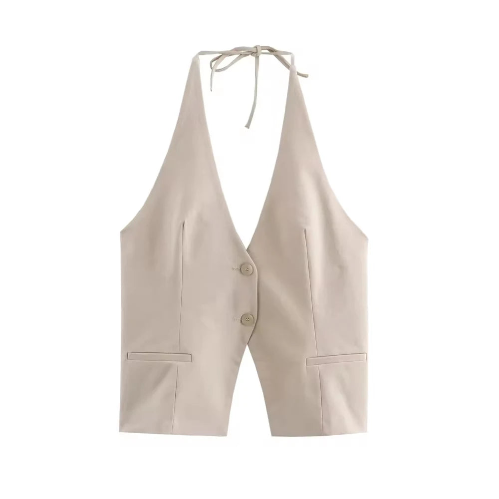 Front Button Tank Tops for Women, Tied Halter Neck, Backless, Female Camis, Sexy Fashion