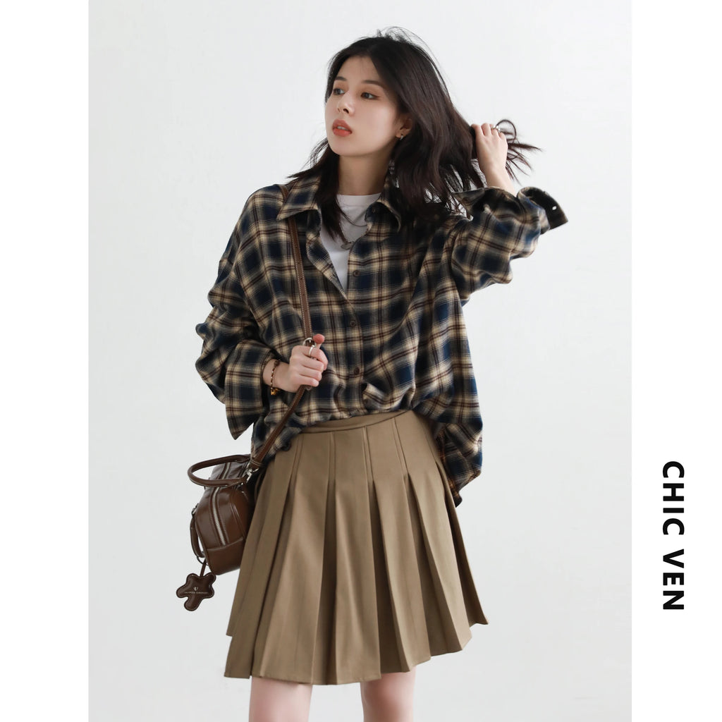 CHIC VEN Women Shirts Loose Casual New Sanding Plaid Shirt Long Sleeve Medium Long Length Blouses Female Tops Spring Autumn 2026