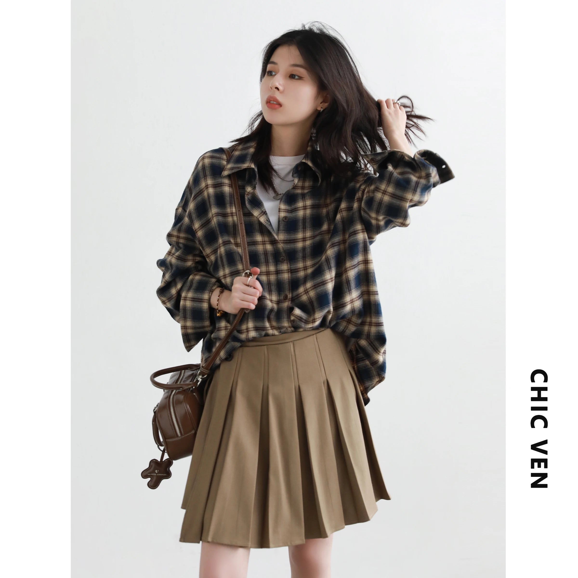 CHIC VEN Women Shirts Loose Casual New Sanding Plaid Shirt Long Sleeve Medium Long Length Blouses Female Tops Spring Autumn 2026