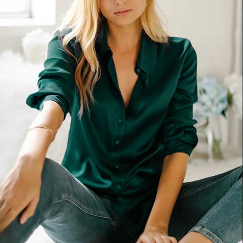 Elegant Satin Button-Up Silk Blouse