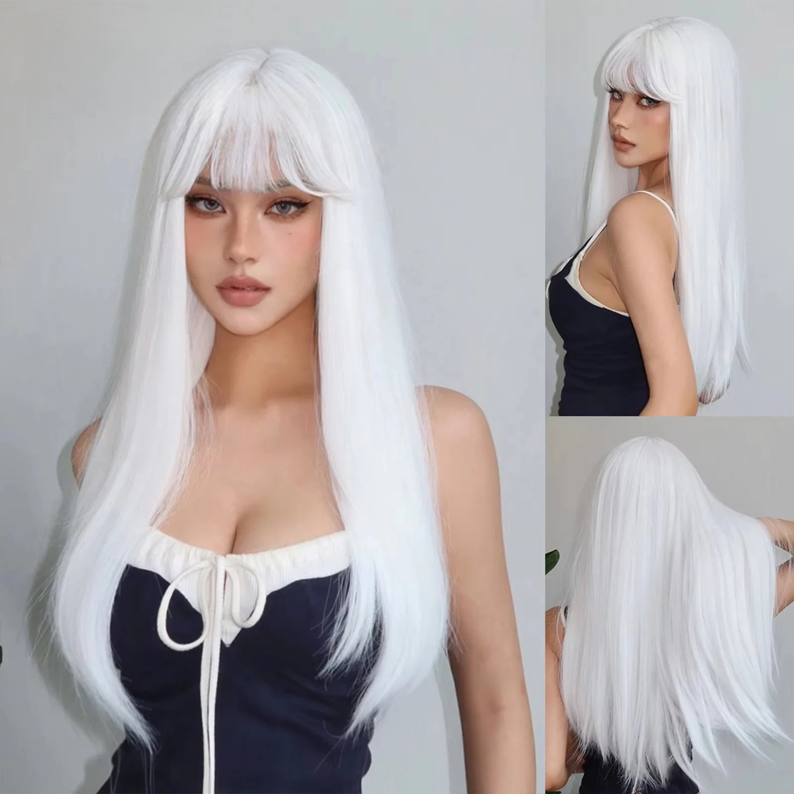 Pink long straight hair synthetic wig