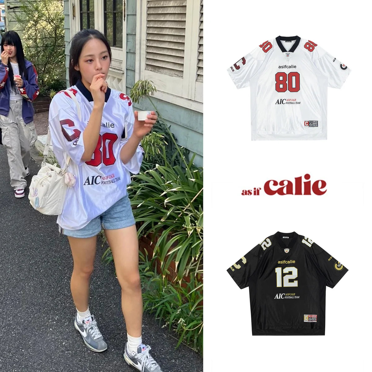 Minji Hyein's Same Asif Calie Korean Designer Brand Printed Loose Short Sleeved Jersey Tops Summer Women Oversized Sport Tshirt