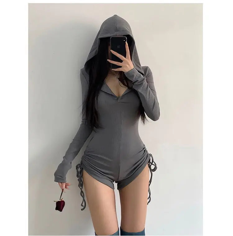 Bodysuit Y2k Winter Clothes 90s Vintage Korea Hooded Slim Casual Shorts Jumpsuits Long sleeves Femme Korea Aesthetic Punk Bodys
