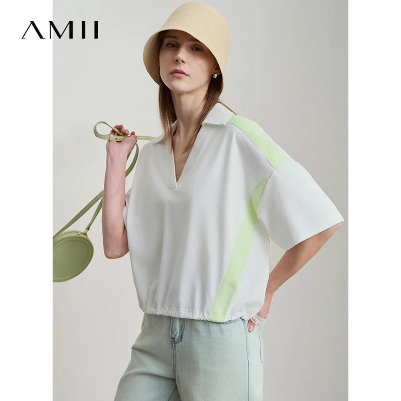 Amii Minimalist Cotton T-Shirts For Women 2026 Summer New V-Neck Pullover Loose Short Shoulder Sleeve Chic Commute Tops 12552001