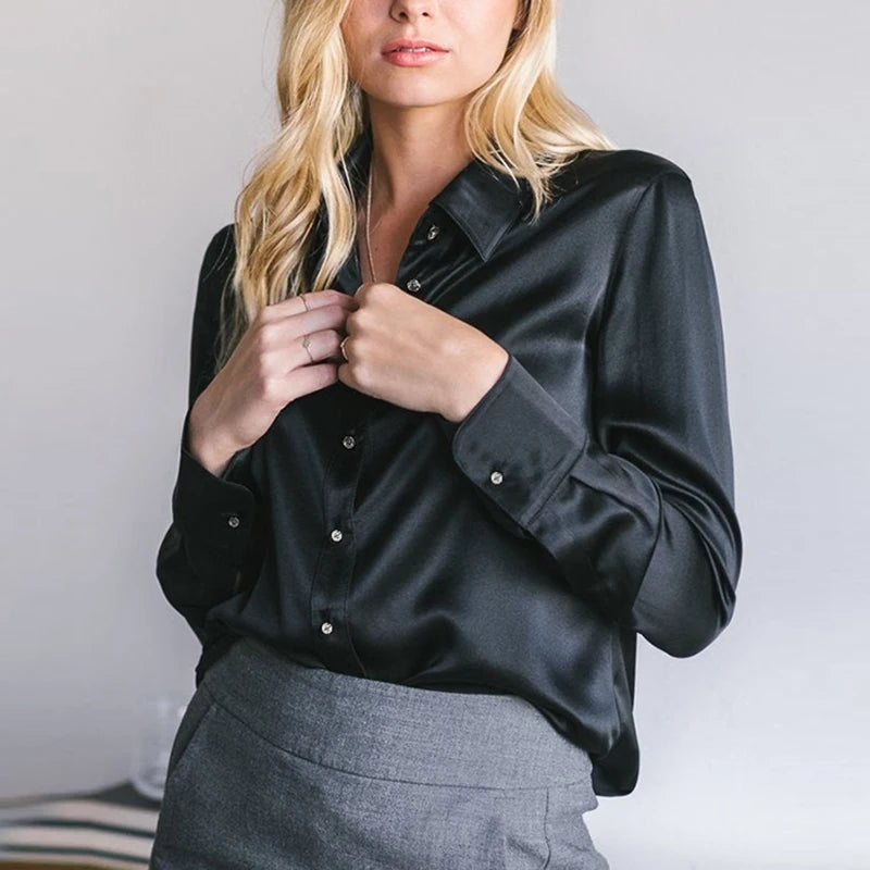 Elegant Satin Button-Up Silk Blouse
