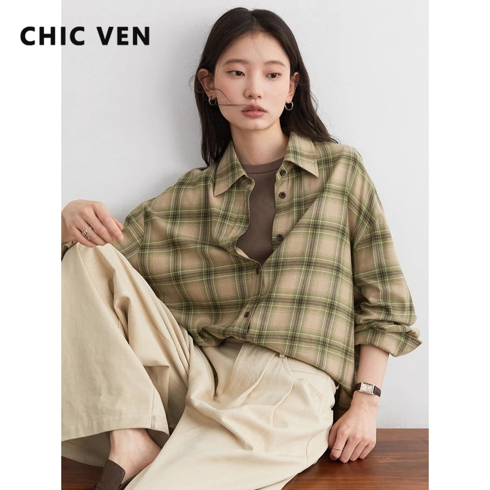 CHIC VEN Women Shirts Loose Casual New Sanding Plaid Shirt Long Sleeve Medium Long Length Blouses Female Tops Spring Autumn 2026