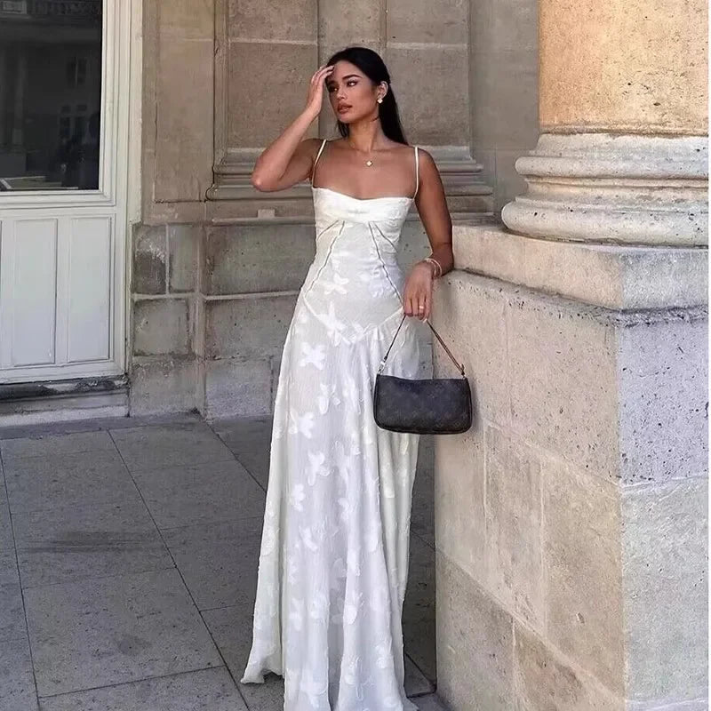 white Corseted Floral jacquard Maxi Dress for women straps sleeveless party dress new sexy summer dress