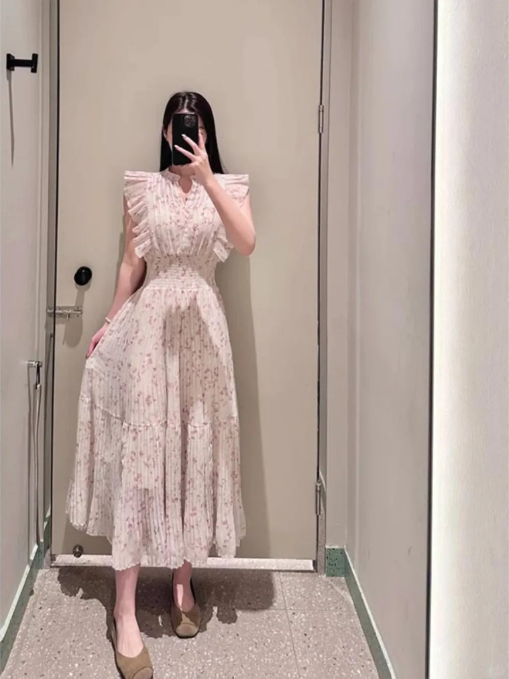 Kuzuwata New Sweet O Neck Flying Sleeve Dress Ruffles Chiffon Print Patchwork Pleated Robe Japan Elegant Literary Casual Vestido