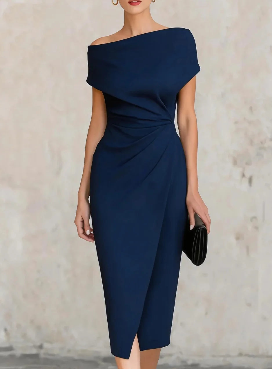 Elegant One-Shoulder Pleated Slit Dress