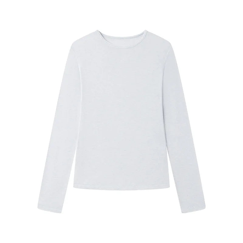 Spring Summer Basic Shirt For Women Silk Wool Simple Round Neck Top Lightweight Semi-sheer Tops