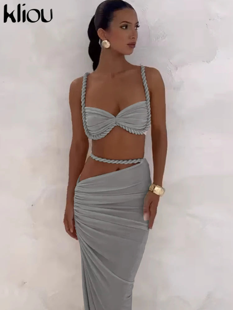 Elegant Pleated Crop Top Skirt Set