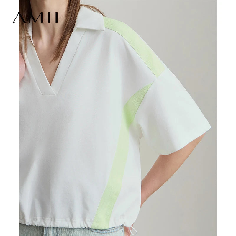 Amii Minimalist Cotton T-Shirts For Women 2026 Summer New V-Neck Pullover Loose Short Shoulder Sleeve Chic Commute Tops 12552001