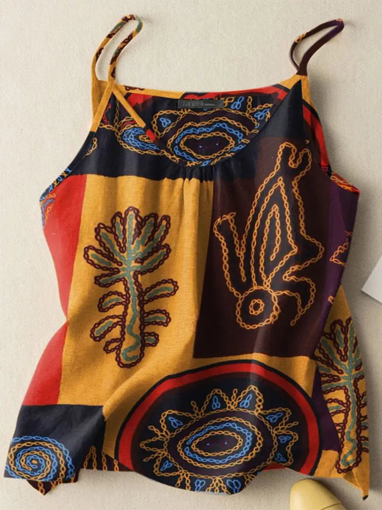 Bohemian Tanks Tops ZANZEA Summer Floral Camis Women Vintage Holiday Beach Blouse Casual Spaghetti Strap Tees Loose Blusas Mujer