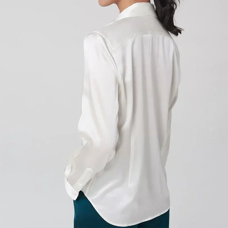 Woman Silk Shirt Long-sleeved Satin Women Blouse 19mm Mulberry Silk Blouse Loose Versatile Base Shirt 95% Natural Silk+5%Spandex
