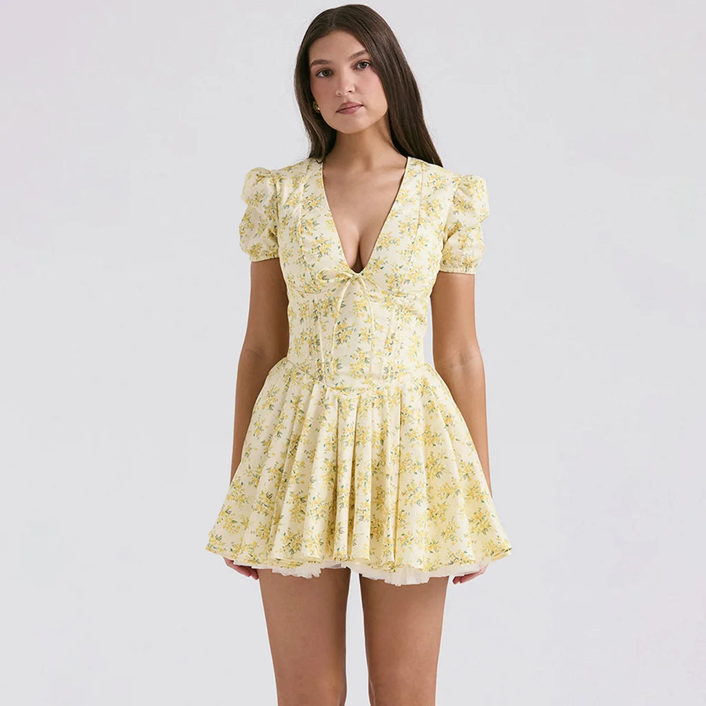 Oligai Fashion Summer Dresses 2026 Yellow Flower Print Party Dresses Elegant Puff Sleeve Birthday Holiday Dress Women's Clothing