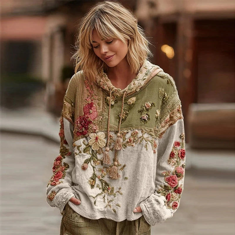 Casual French Flower Hoodie Top Women