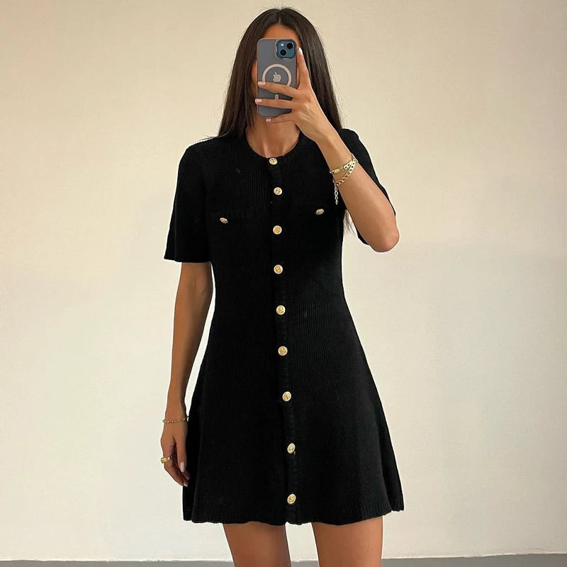 White Elegant Knitted Mini Dress For Women Metal Button Sexy Slim Rib Sweater Dress Holiday Party Outfits Autumn 2026 New