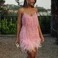2026 New Sexy Tassel Sequins Feather Mini Dress Women Spaghetti Strap Stitching Dresses Female Elegant Evening Party Club Dress