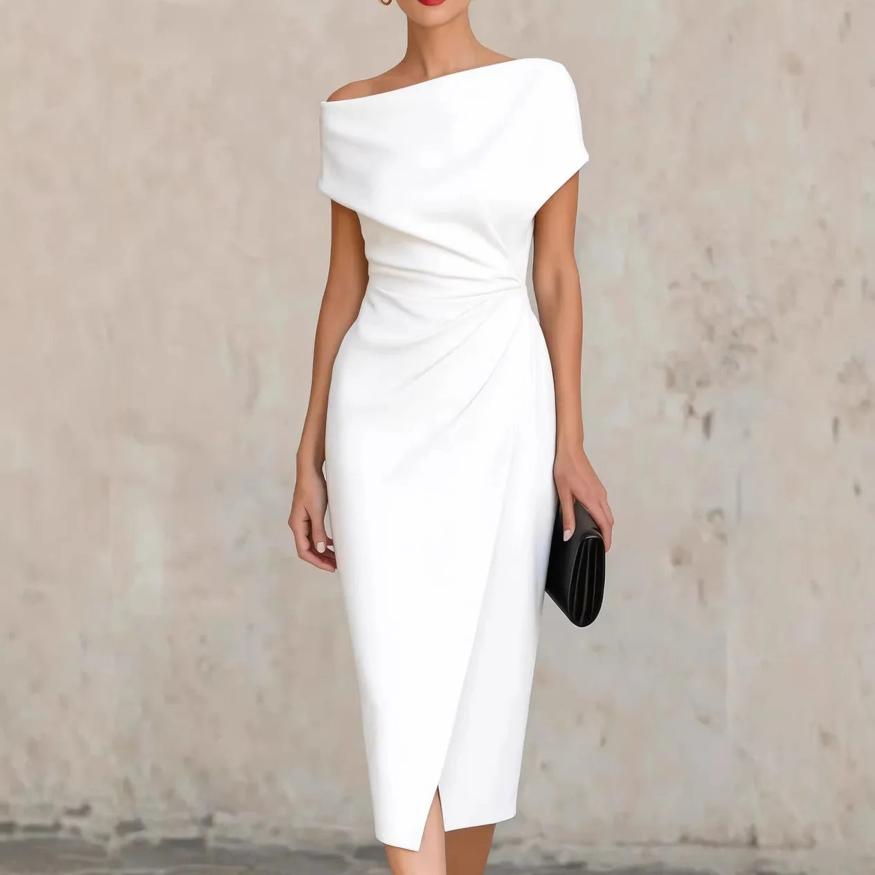 2026 Summer Women's New One-shoulder Waist Pleated Dress Banquet Commuting Slit Dress