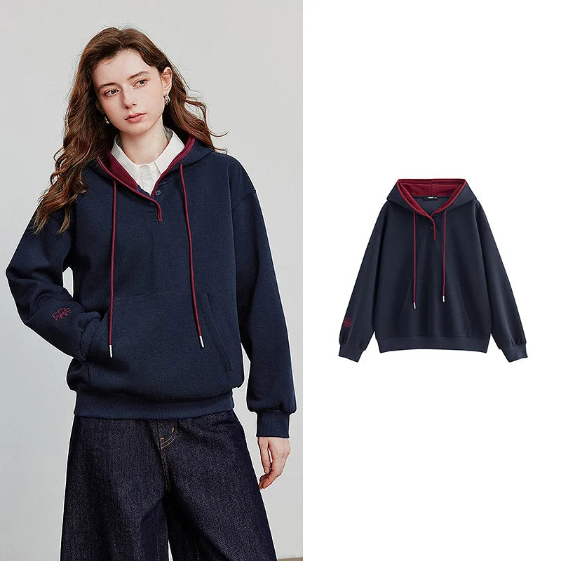 Elegant Contrast Embroidered Hooded Sweatshirt