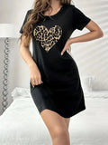 Summer Women's Leopard print heart-shaped Print Casual Slim Fit Short Sleeve Round Neck Short Mini Dress