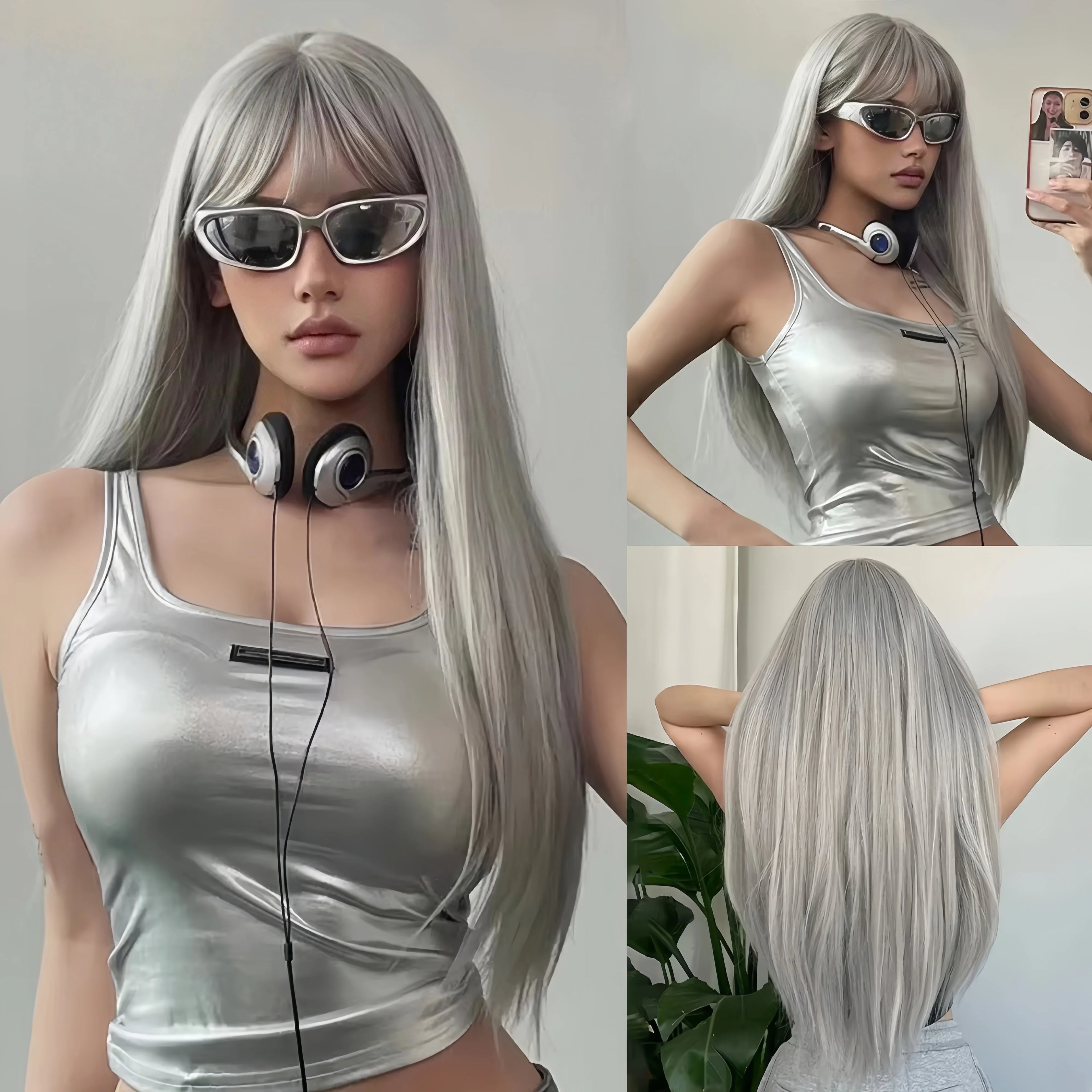 Pink long straight hair synthetic wig