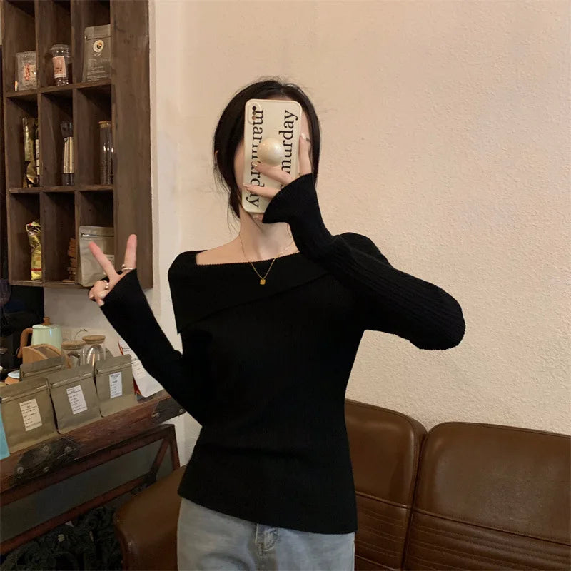 Solid Sexy Slim Off Shoulder Slash Neck Long Sleeve Knitting Sweater Women Jumpers Office Fashion New