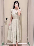 Kuzuwata New Sweet O Neck Flying Sleeve Dress Ruffles Chiffon Print Patchwork Pleated Robe Japan Elegant Literary Casual Vestido