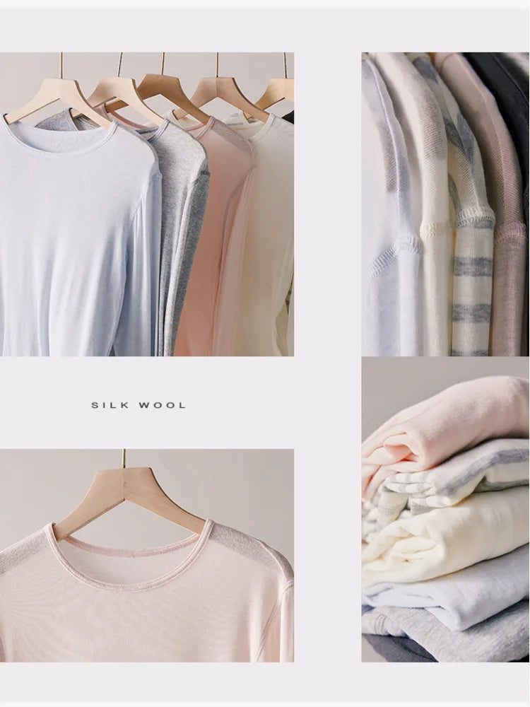 Spring Summer Basic Shirt For Women Silk Wool Simple Round Neck Top Lightweight Semi-sheer Tops