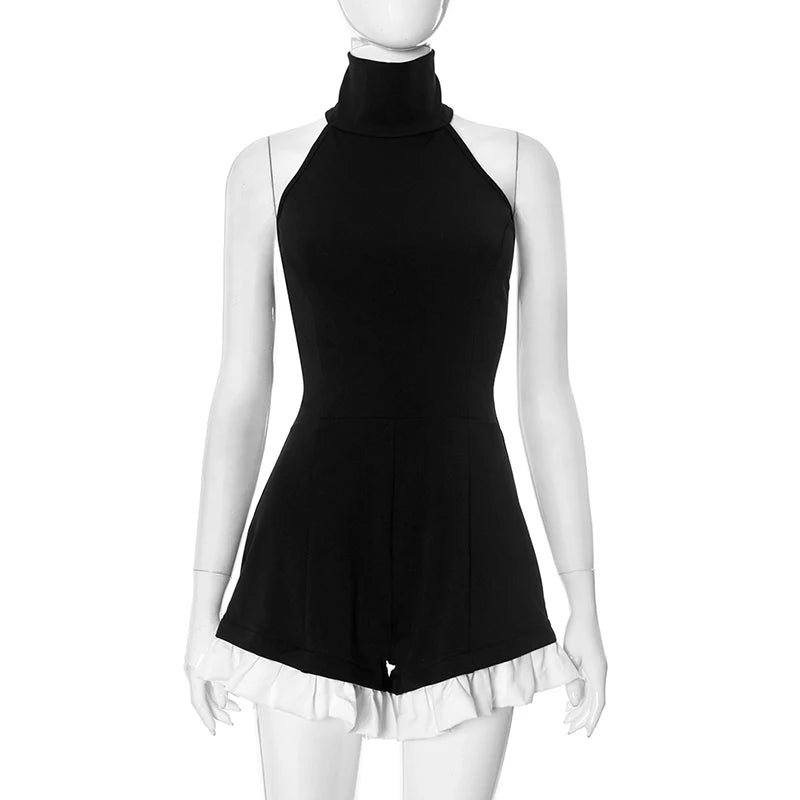 Contrast Ruffled Jumpsuit For Women Halter Sleeveless Slim Rompers Fashion Splice Casual High Waist Female Playsuits