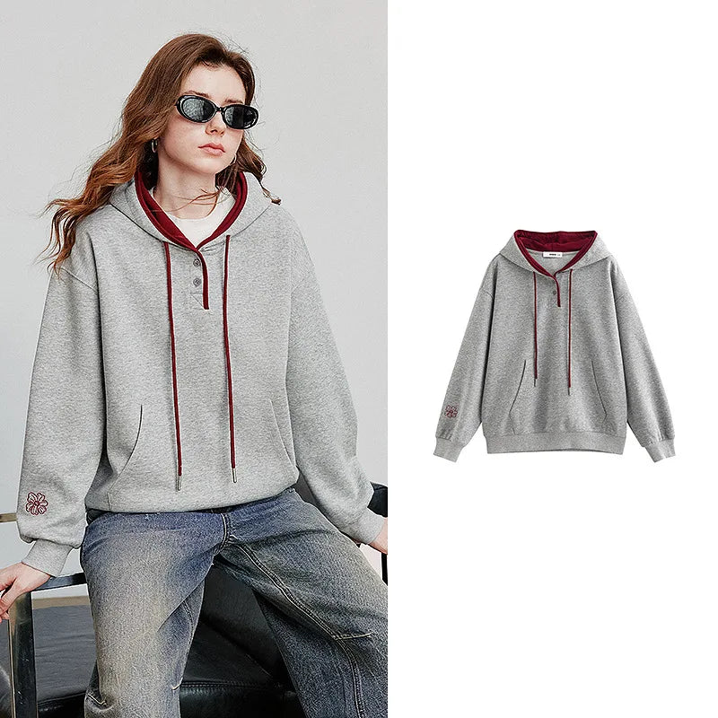 Elegant Contrast Embroidered Hooded Sweatshirt
