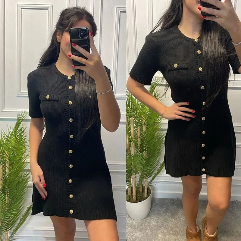 White Elegant Knitted Mini Dress For Women Metal Button Sexy Slim Rib Sweater Dress Holiday Party Outfits Autumn 2026 New