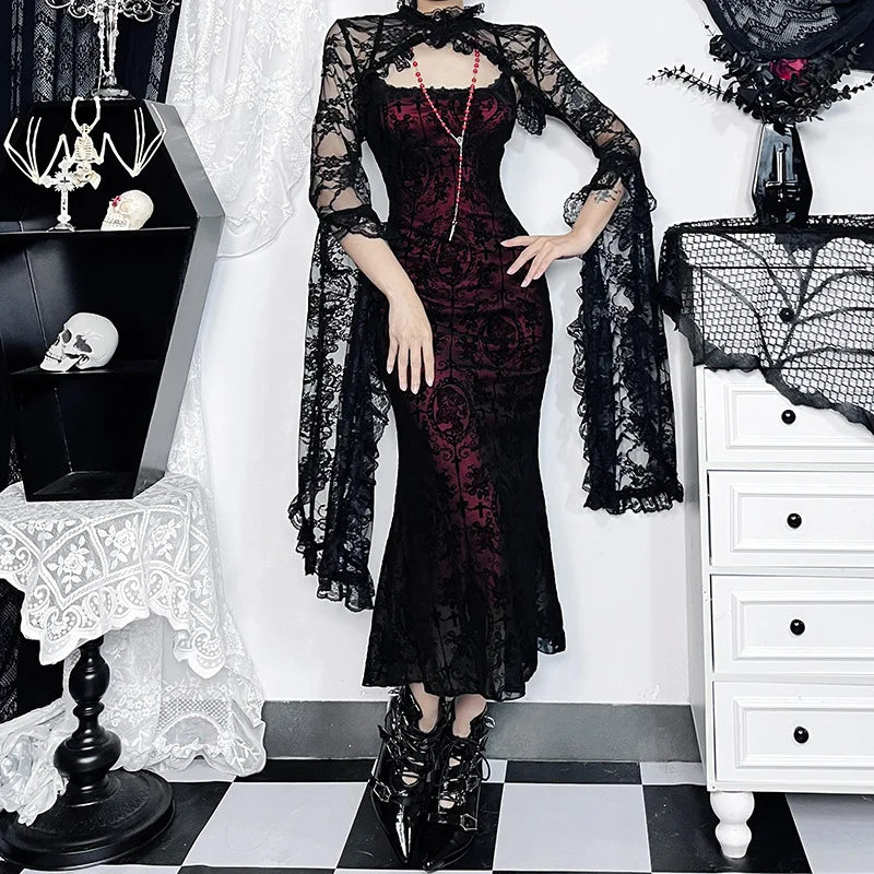 Gothic Sexy Long Fishtail Dress for Women Robe New Spaghetti Strap Sleeveless Backless Ruched