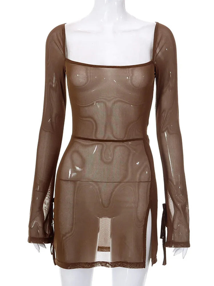 Elegant Square Neck Sheer Mini Dress