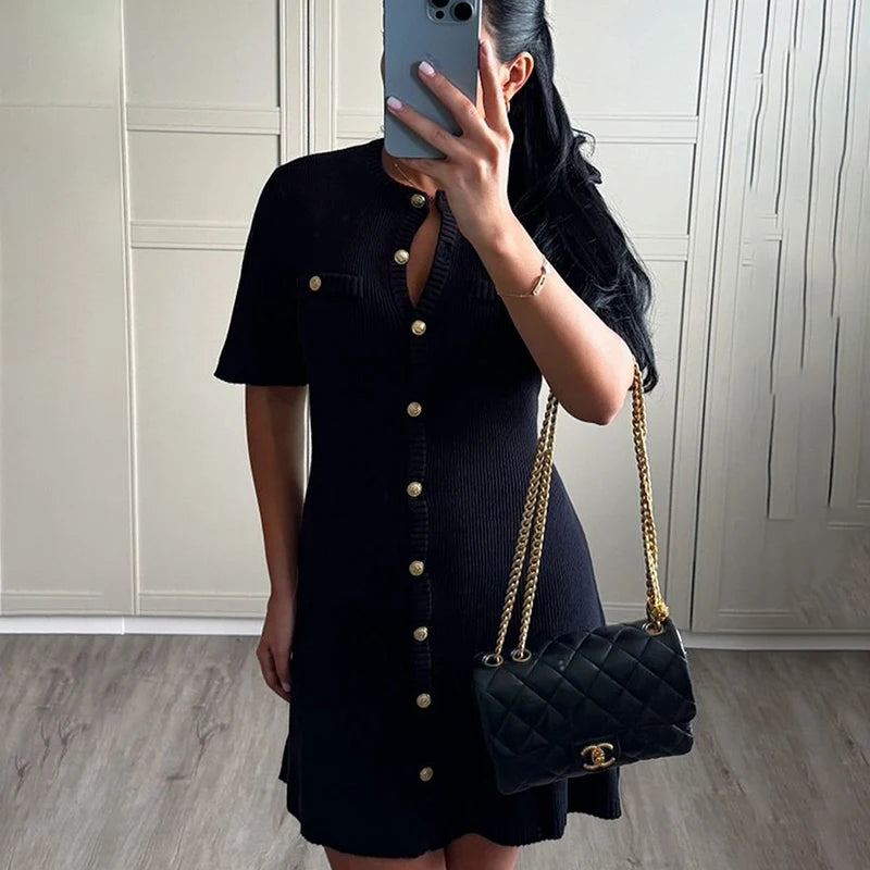White Elegant Knitted Mini Dress For Women Metal Button Sexy Slim Rib Sweater Dress Holiday Party Outfits Autumn 2026 New