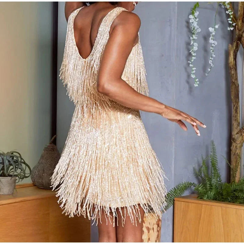 2026 New Sexy Tassel Sequins Feather Mini Dress Women Spaghetti Strap Stitching Dresses Female Elegant Evening Party Club Dress